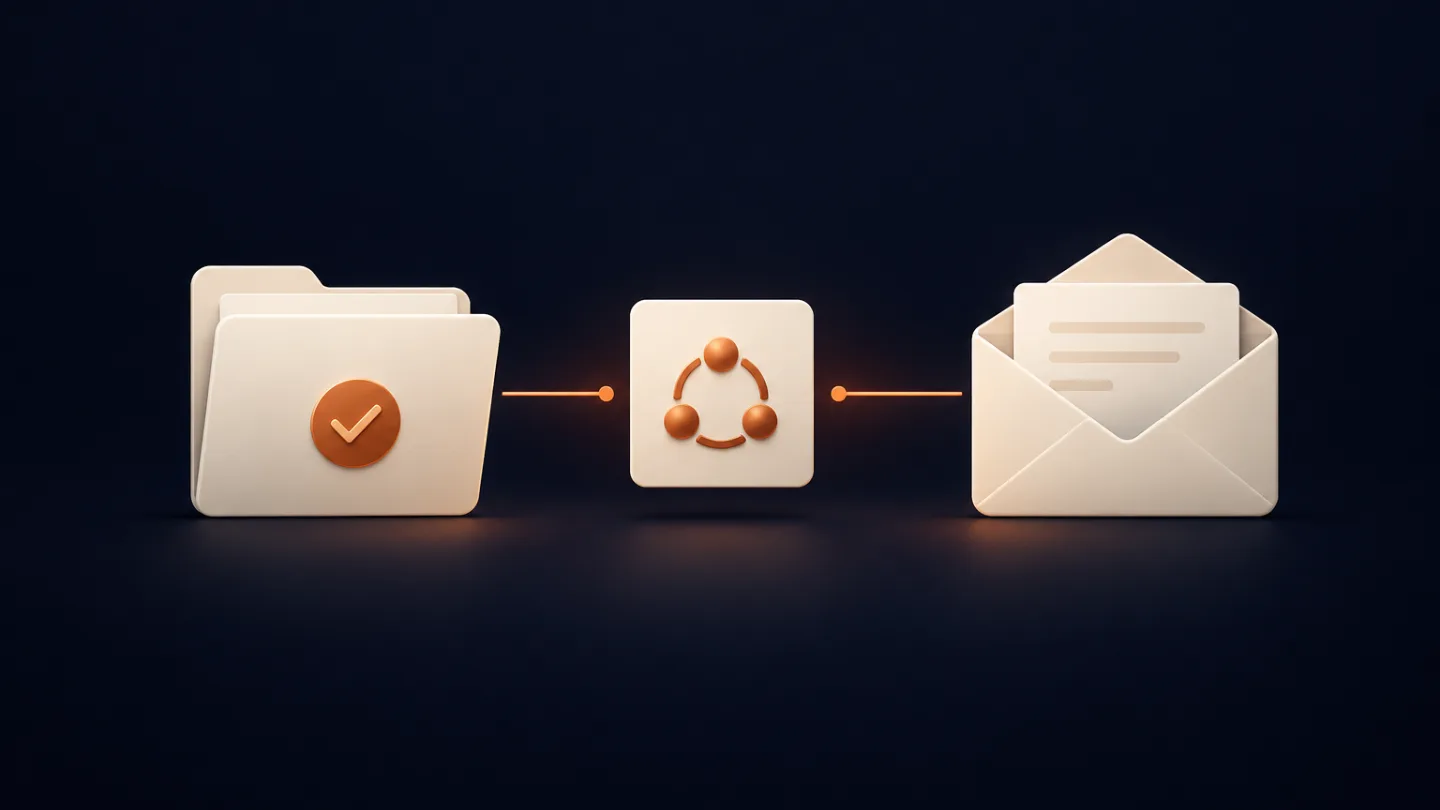 Illustrative handover from a completed job record through an invoice check to an outgoing invoice.